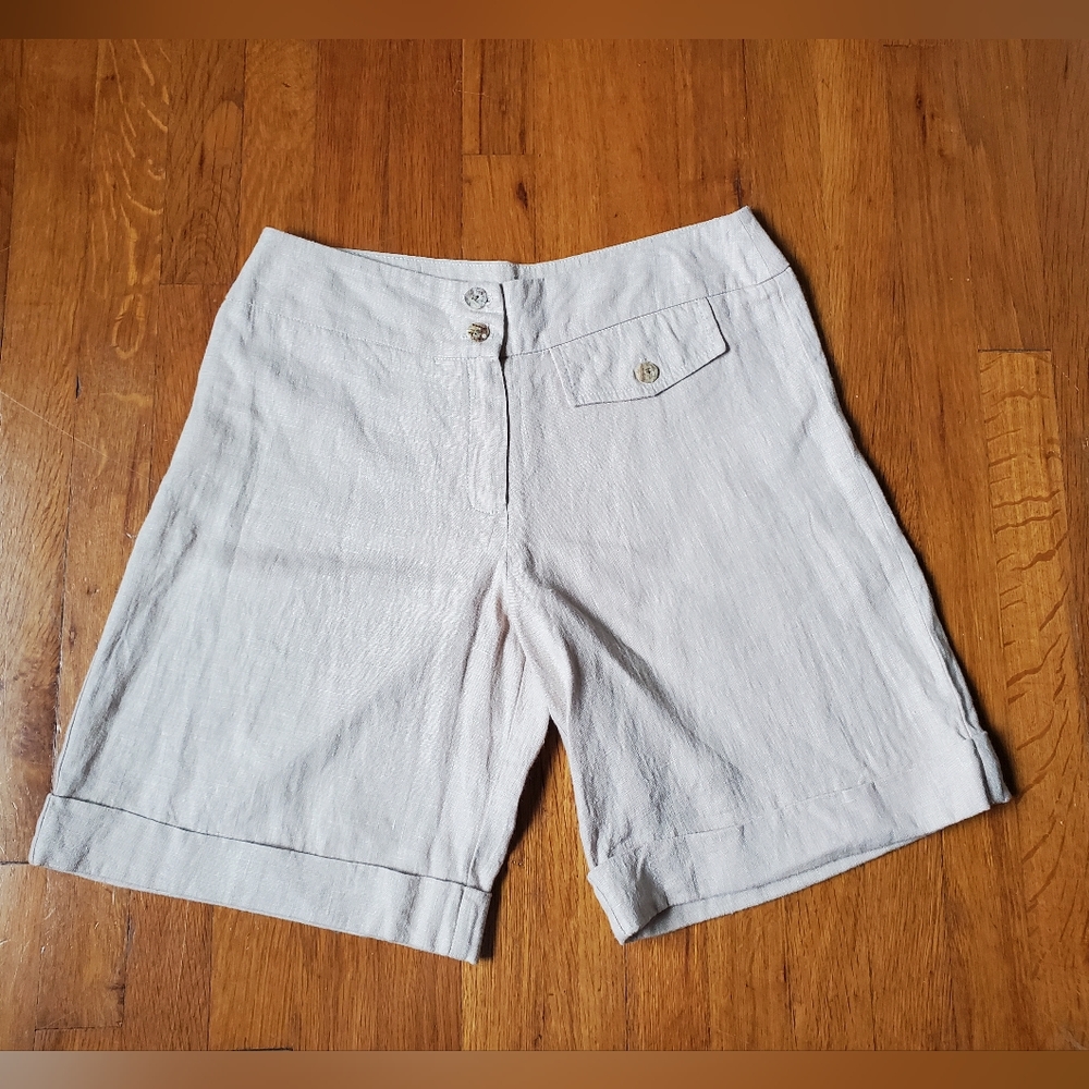 vintage women's 100% linen natural beige bermuda casual summer beach shorts